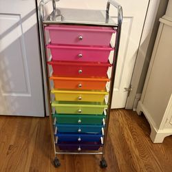 Metal Cart w Colorful Plastic Storage Drawers and Lockable Wheels