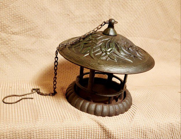 Antique Cast Iron Japanese Bird Feeder, Candle Holder, or Garden Lantern 