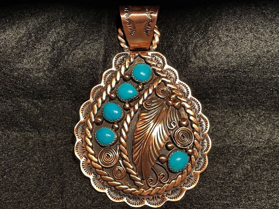 Beautiful!! RUNNING BEAR Native American Indian Copper Sterling Silver Turquoise Pendant