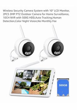 （8KP)VORGUT Wireless Security Camera System 10” LCD 2CAMS x 3MP PTZ NVR 500G HDD
