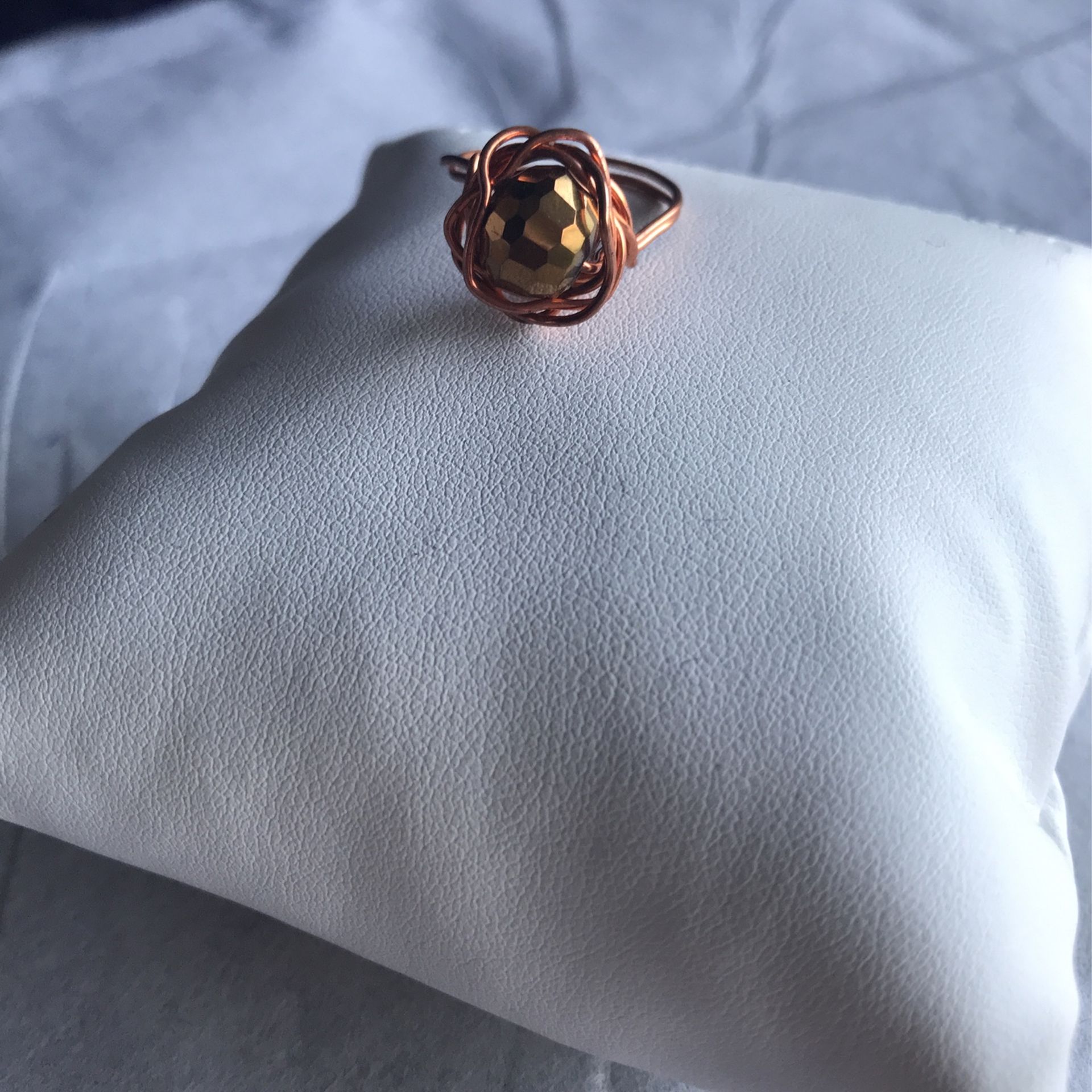 Copper Handmade Ring, App. Size 7, Gold Glass Bead
