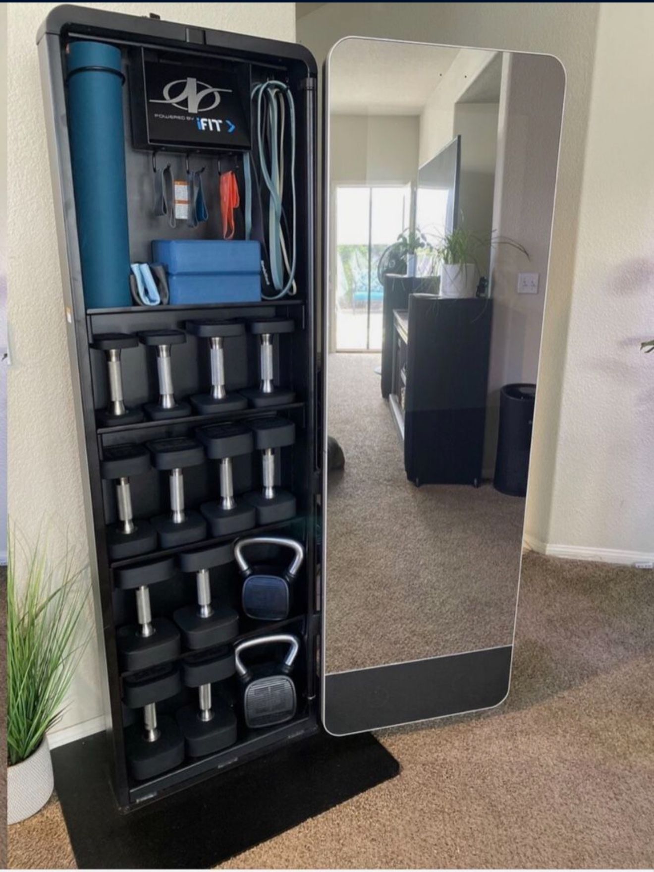 Beautiful interactive mirror with full set of dumbbells and kettlebells excellent condition Pick up only located in orting The NordicTrack Vault is
