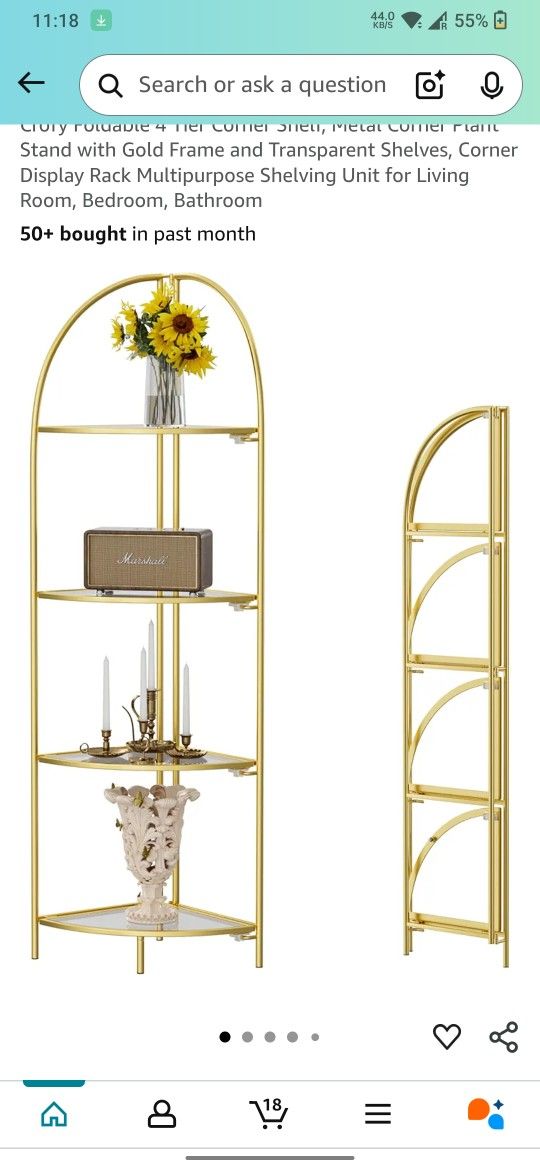Crofy Foldable 4 Tier Corner Shelf, Metal Corner Plant Stand with Gold Frame and Transparent Shelves, Corner Display Rack Multipurpose Shelving Unit f
