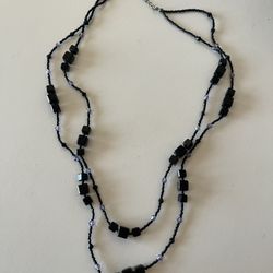 Women’s Black Two Strain Seed Beaded With Block Beads Necklace, Size 12” Flat