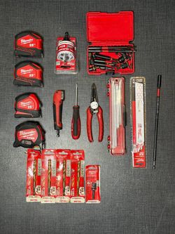 Milwaukee Tool & Accessory Lot – Tape Measures, Drill Bits, Sawzall Blades + M18 Bag