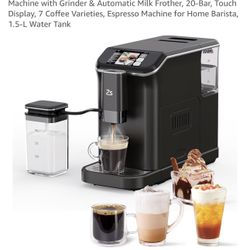 Zstar Fully Automatic Espresso Machine, Coffee Espresso Machine with Grinder & Automatic Milk Frother, 20-Bar, Touch Display, 7 Coffee Varieties, Espr