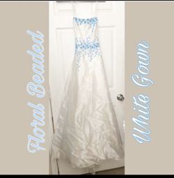 Blue Hand Beaded White Gown