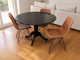 Round Black Dining Table + 3 Brown Chairs