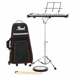 Pearl 32 Note Glockenspiel Bell Kit Student Educational Percussion Kit with Tunable Practice Pad, Rolling Carrying Case, Sticks and Mallets