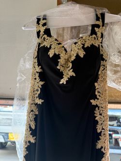 Black Formal Gown with Gold Lace Appliqué