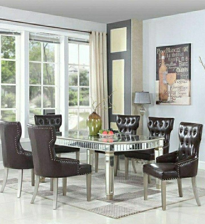 Beautiful Mirror Dinning Table With 6 Leather Chairs