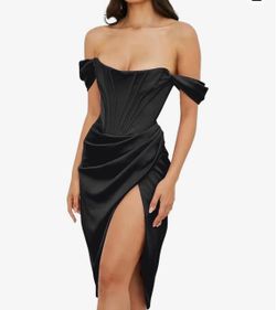 Black Satin Off-Shoulder Corset Midi Dress