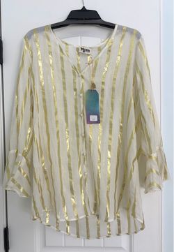 Show Me Your Mumu Mercer Tunic Women’s M NWT Sheer w Gold Stripes Bell Flare Sl
