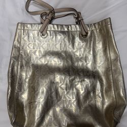 Michael Kors Mirror Tote Bag Metallic Gold Silver MK Logo Satchel VG