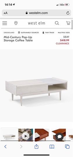 West Elm Mid-century modern coffee table in marble with limited edition White Winter Wood finish, 48” x 24”