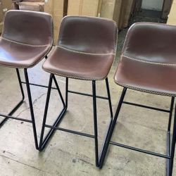 New assembled 30 Inch Bar Stools Set of 3, Brown Counter Height Barstools with Back Support Faux Leather High Bar Stools for Kitchen Island Counter He