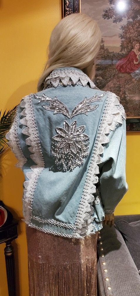 Vintage Lace Trimmed & Beaded Denim Jacket 