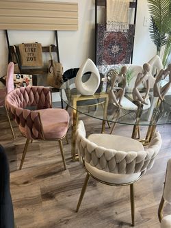Luxury Gold Round Glass Table And 4 Velvet Chairs