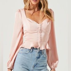 ASTR The Label Corset Satin Hook & Eye Pink Puff Sleeve Crop Peplum Blouse M