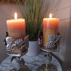 $15 Pair Silver Cast Iron Grape Candle Holders 9" Tall Very Heavy, Candles NOT Included 