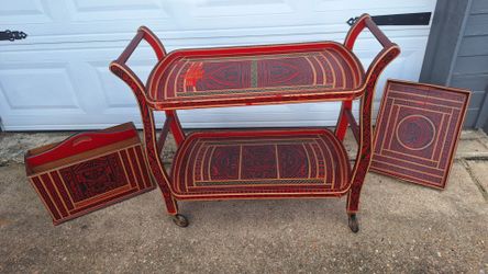 AZTEC/TIKI BUTLER'S CART VINTAGE RED & BLACK LACQUER PAINTED