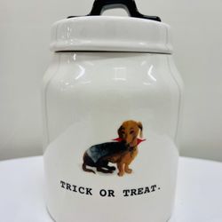 Rae Dunn Halloween Trick Or Treat Dachshund Dog Canister Jar NEW