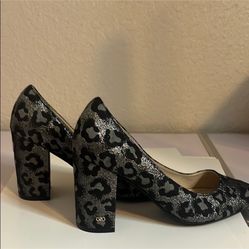 New Cole Haan Alanna Brocade Pumps II Black Silver Leopard Block Heels Womens 9.5 B New 