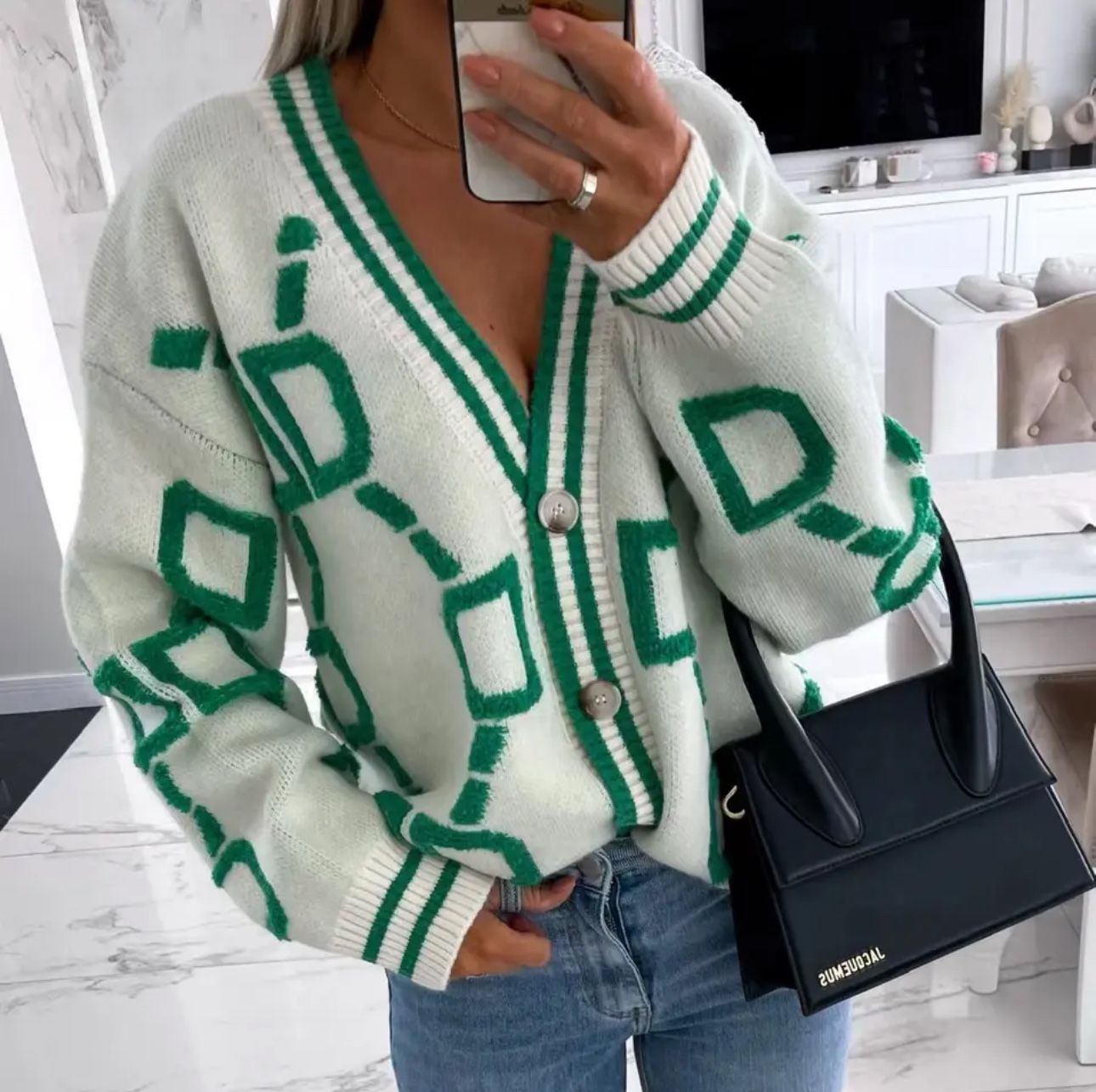 White and green cardigan sweater