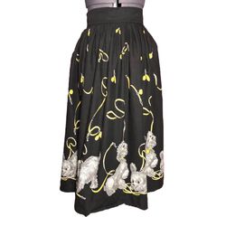RARE Vintage 1950s John Wolf Poodle Print Skirt Black Yellow Dog Novelty Border Puppies Rockabilly