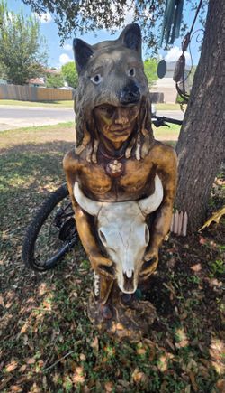 Native American Wolf Headdress Statue with Bull Skull