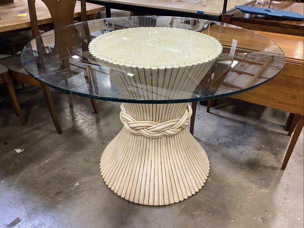 White Wood Rod Glass Top Dining Table