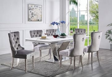 GLAM CHROME FINISH STONE TOP 7 PIECE DINING TABLE SET | COMEDOR MESA SILLAS