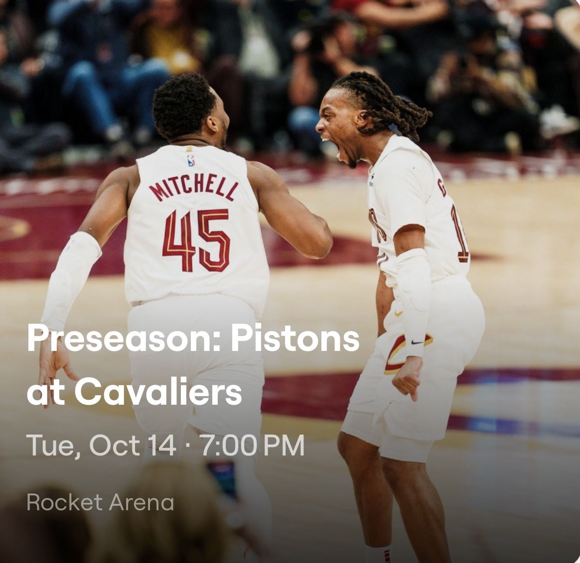 NBA Cleveland Cavaliers Vs Detroit Pistons 10/14/24 2 Tickets Aisle