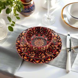 Brand New - Bohemian Brown - 12 Pc Dinnerware Dishes Set, Bohemian Boho Ceramic Kitchen Plate and Bowl for 4