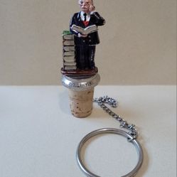 VTG  Pewter Wine Bottle Stopper Cork With Ring & Chain Lawyer Professor Figure.

