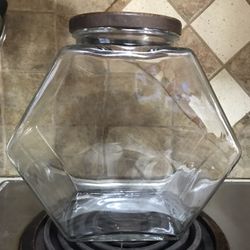 Glass Cookie Jar-Wood Top With Rubber Seal  Vintage hexagon cookie jar. 8" glass wood lid 