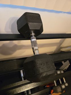 Used, beat up 35lb Rubber Hex Dumbbell-