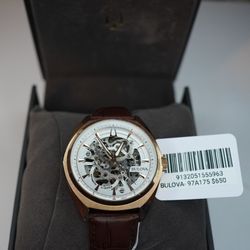 Bulova Surveyor Leather Strap Silver Skeleton Dial Automatic 97A175 Men's Watch