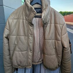 Women's Beige Leather Puffer Guess Jacket Sz S