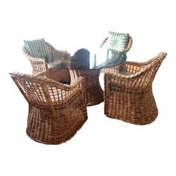 VINTAGE RATTAN GLASS TABLE AND CHAIRS 