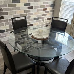 Glass Table With 4 Brown Leather Chairs 