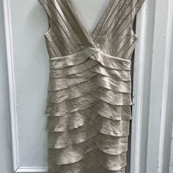 ADRIANNA PAPELL Shutter Plat Shimmer Tiered Chiffon Champagne Dress (Size 12)