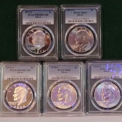 5 Coin PCGS--$1 Silver Ike Eisenhower Dollars-Mixed Years, Mixed Grades