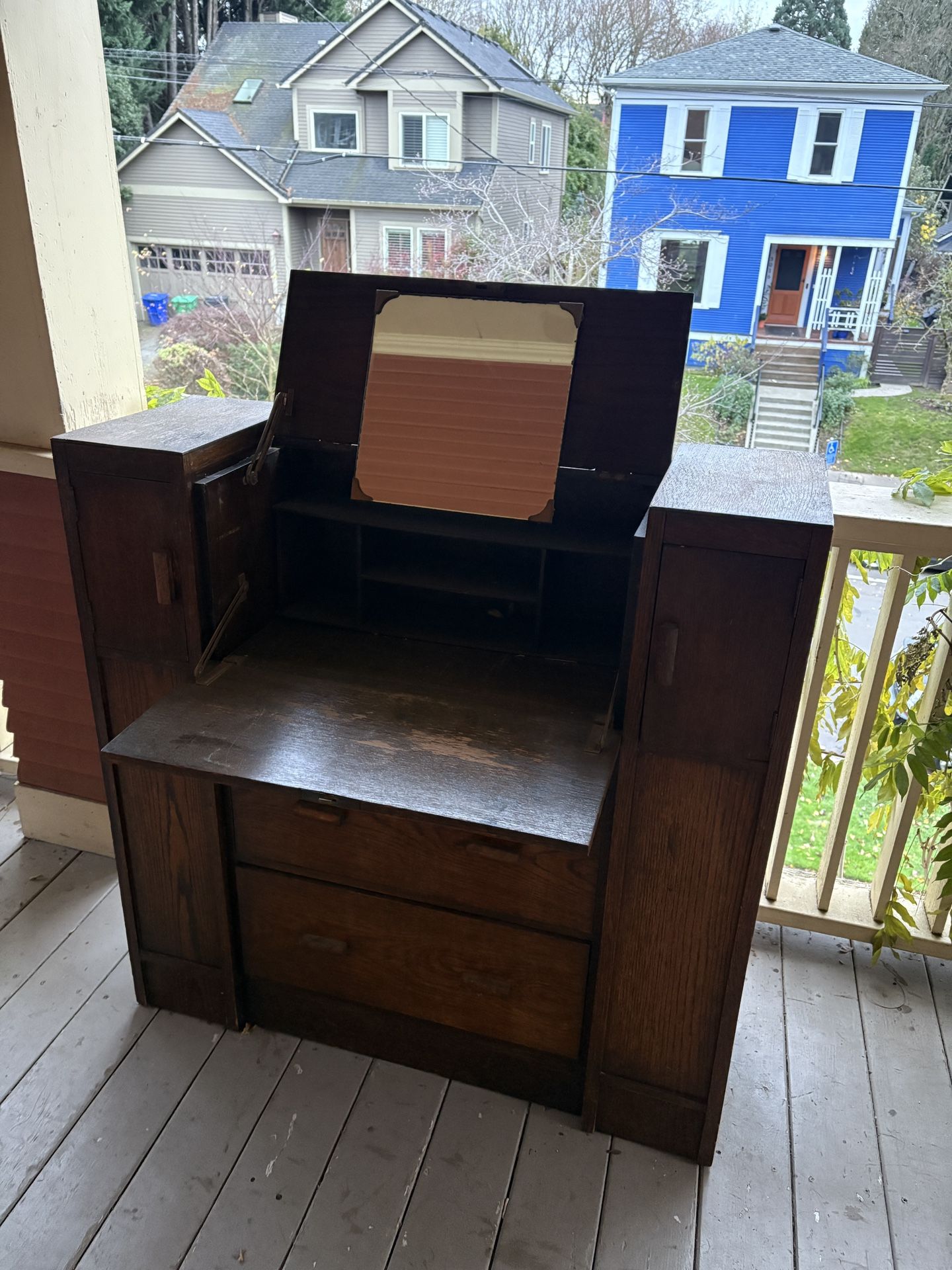Arts & Crafts Style Vintage Solid Oak Secretary Desk Vanity