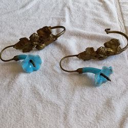 Vintage French Brass And Blue Opaline Curtain/Drapery Tiebacks