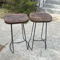 Bar Stools. Wood Saddle Seat With Metal Legs. 