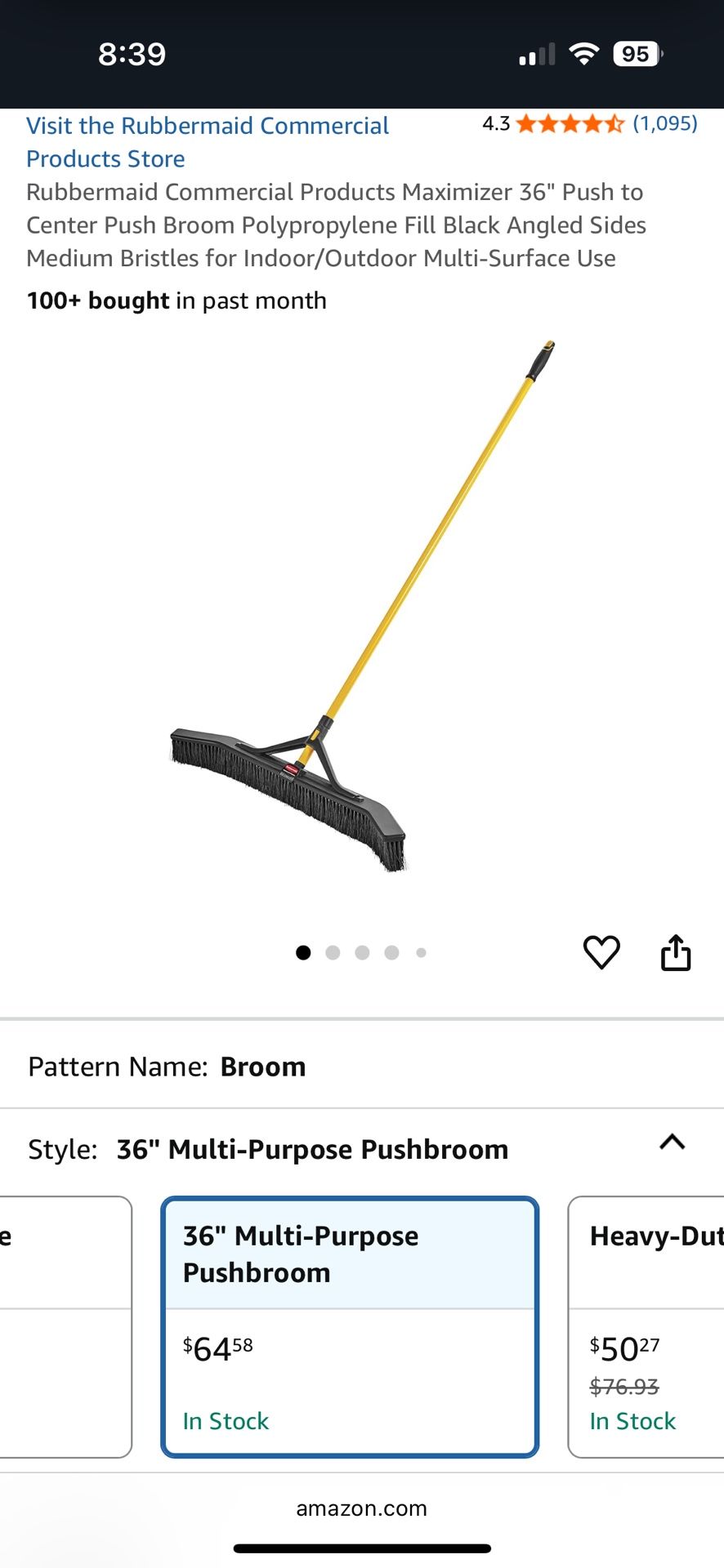Rubbermaid Commercial Products Maximizer 36" Push to Center Push Broom Polypropylene Fill Black Angled Sides Medium Bristles for Indoor/Outdoor Multi-