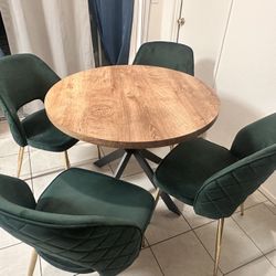 Round Wooden Dining Table with 4 Green Velvet Chairs