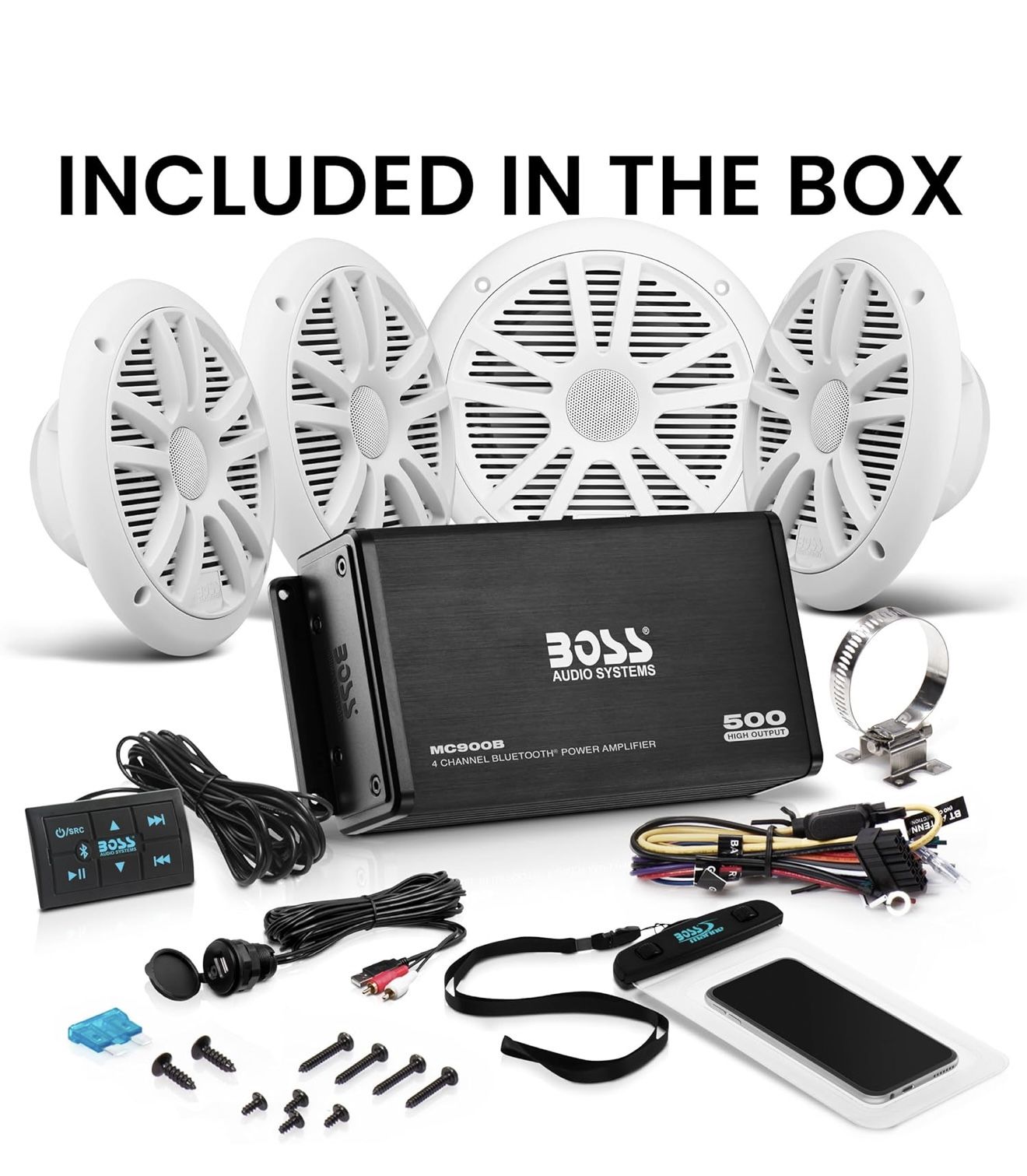 BOSS Audio Systems ASK904B.64 Marine Boat 6.5 inch Speakers and 4 Channel Amplifier - 500 High Output, Bluetooth Remote, USB and Auxiliary, Waterproof