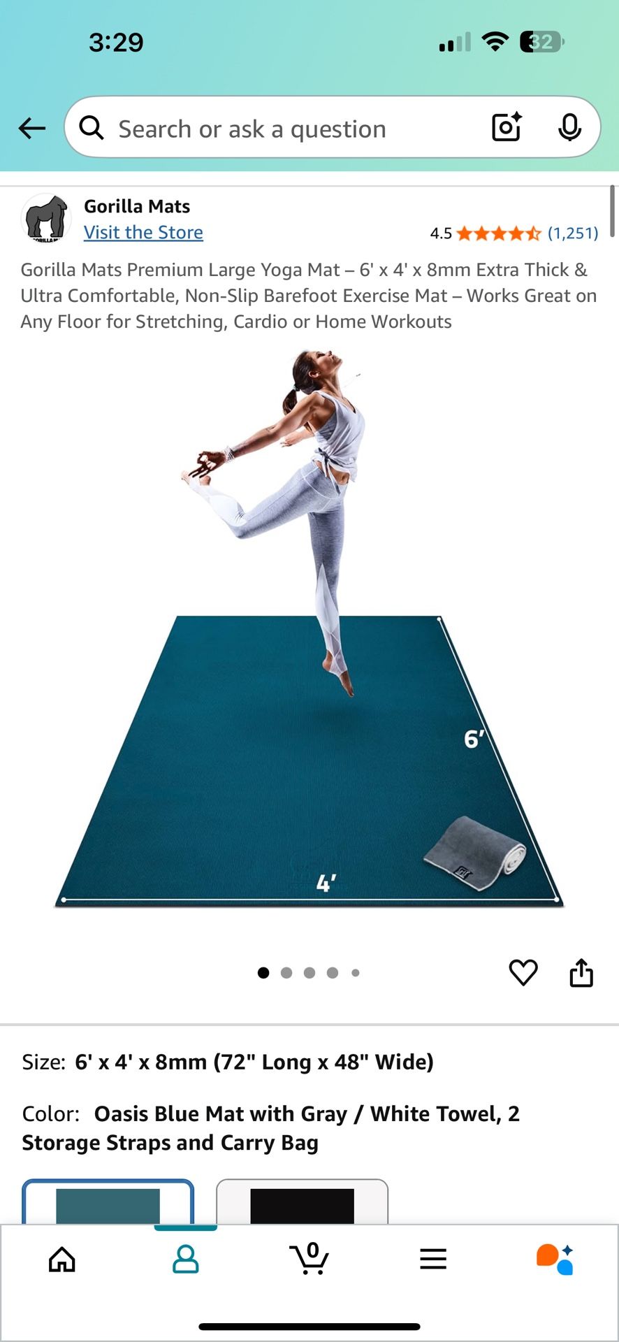 Gorilla Mats Large Yoga Mat 6’ c 4’ x 8mm